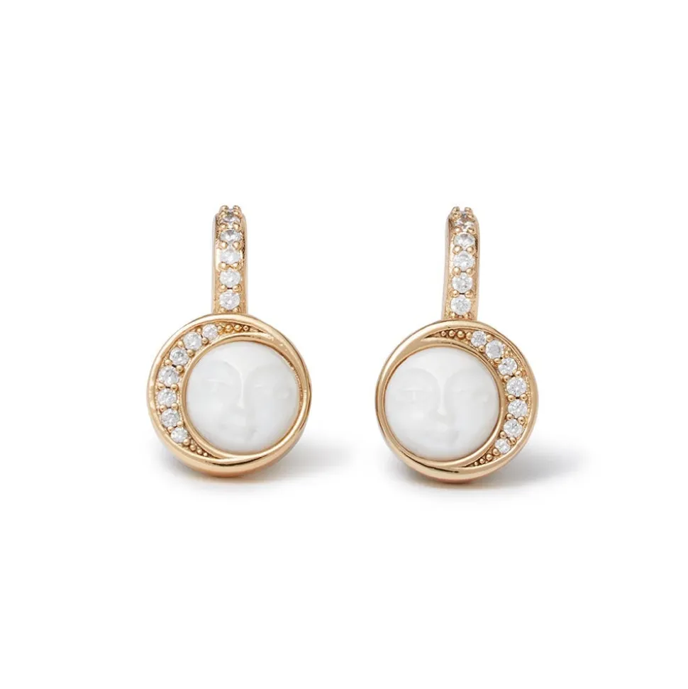 Celestial Symbols Carved Mother-of-Pearl Coin Hoop Earrings