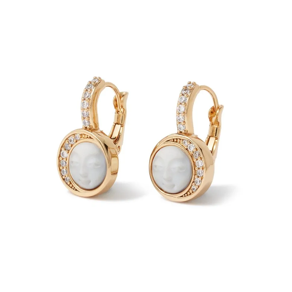 Celestial Symbols Carved Mother-of-Pearl Coin Hoop Earrings