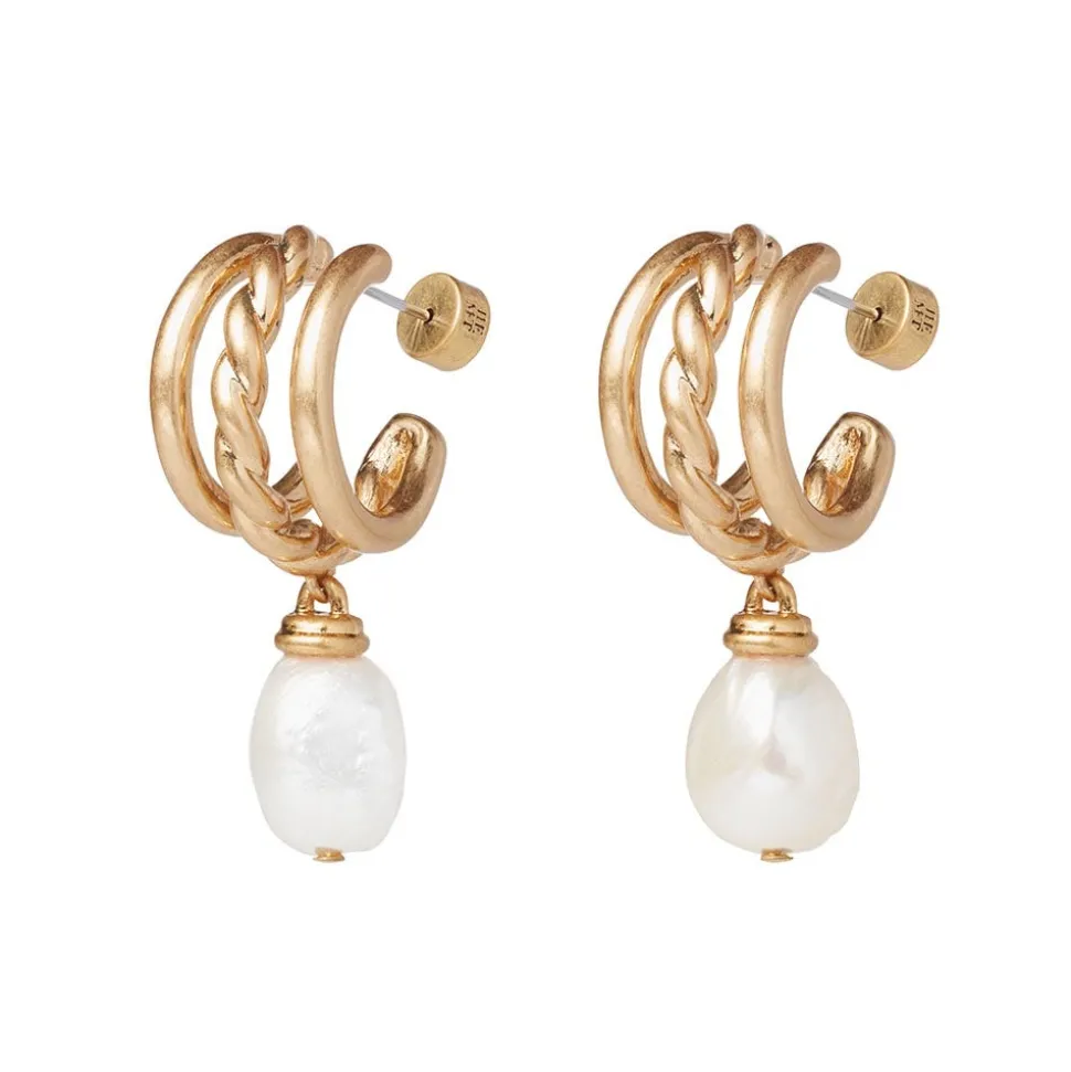 Cypriot Twist Pearl Chain Pendant Necklace and Triple-Hoop Earrings Set
