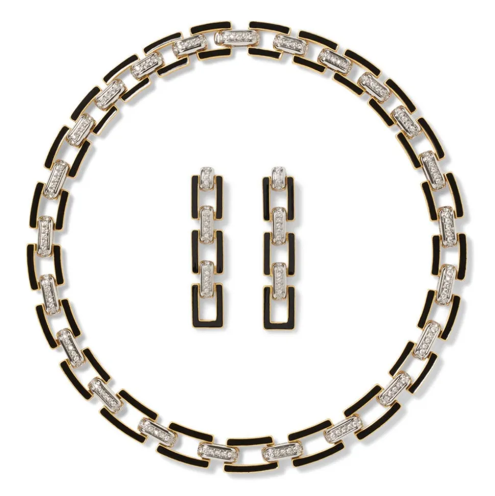 European Buckle Enamel Collar Necklace and Drop Earrings Set