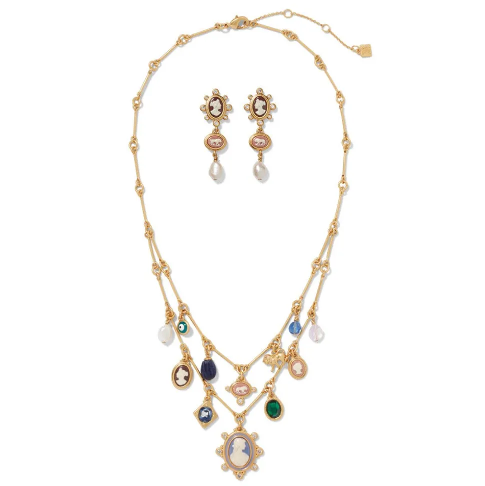 European Cameo Charm Necklace and Drop Earrings Set