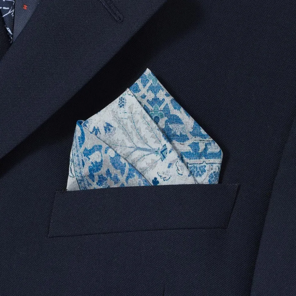 Iranian Vase Carpet Blue Cotton-and-Silk Pocket Square