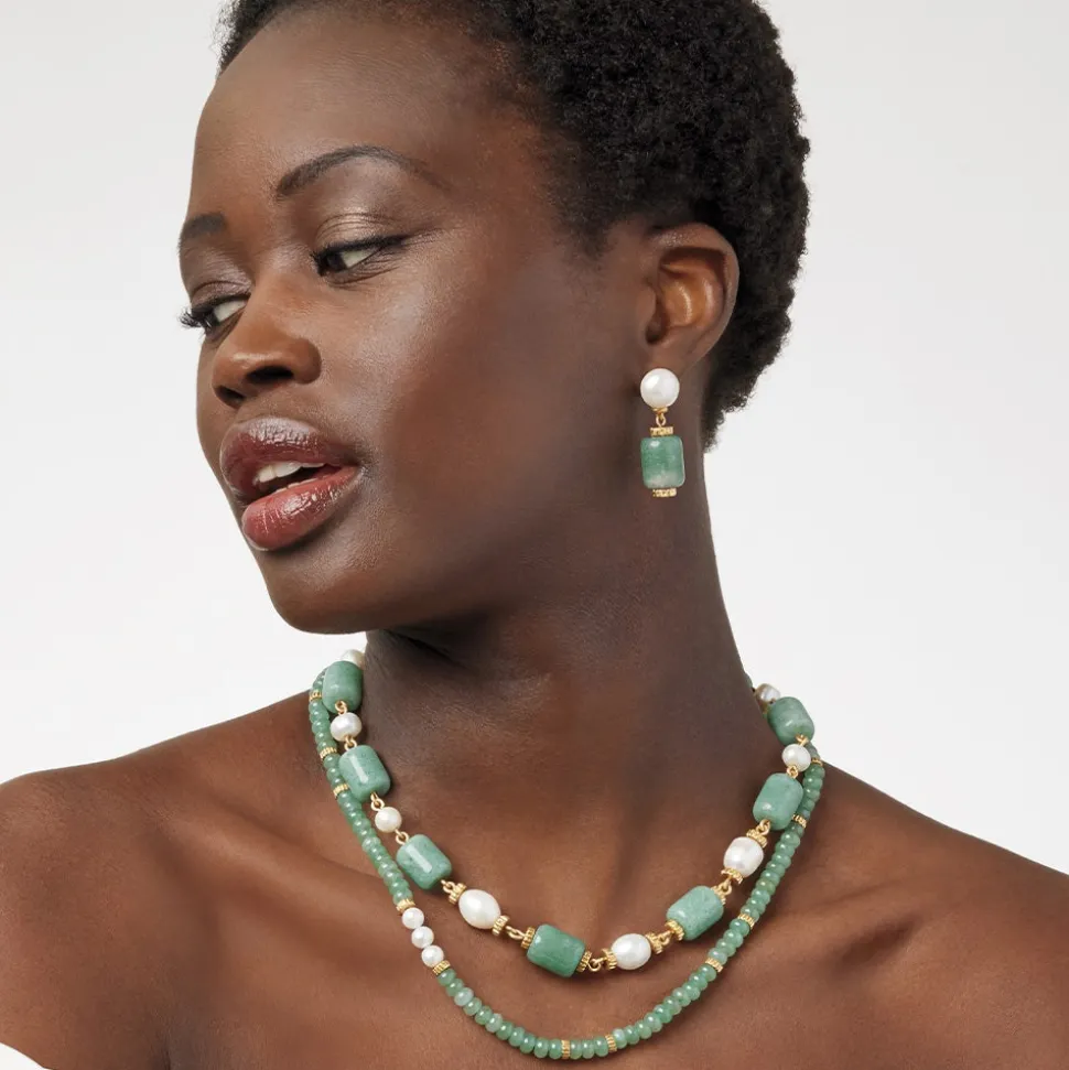 Karavas Gems Large-Bead Aventurine and Pearl Necklace and Drop Earrings Set