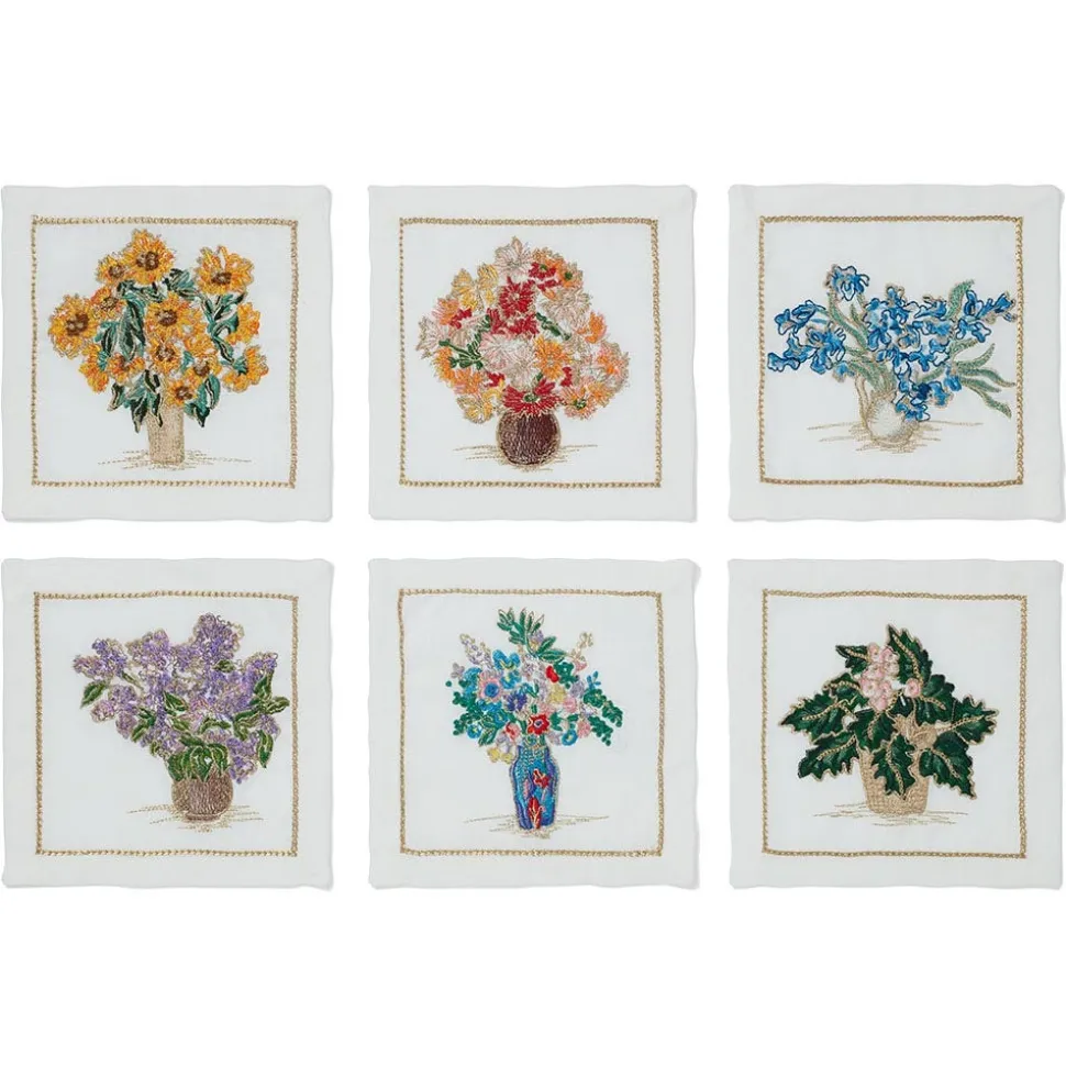 Kim Seybert Embroidered Bouquets Linen Cocktail Napkin Set