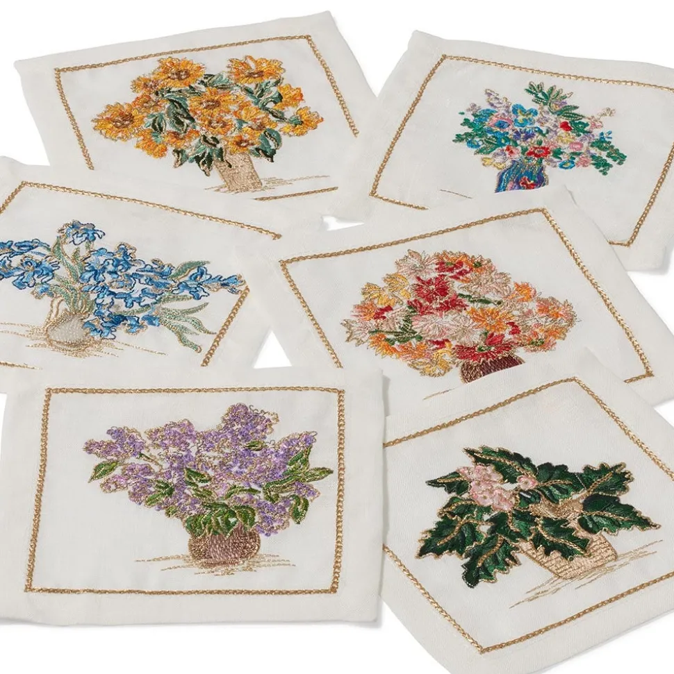 Kim Seybert Embroidered Bouquets Linen Cocktail Napkin Set