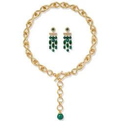Roman Malachite Statement Necklace and Chandelier Earrings Set