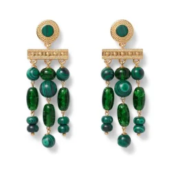 Roman Malachite Statement Necklace and Chandelier Earrings Set
