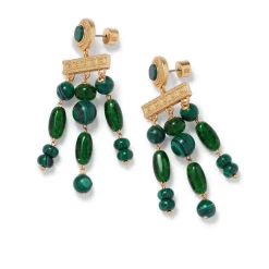 Roman Malachite Statement Necklace and Chandelier Earrings Set