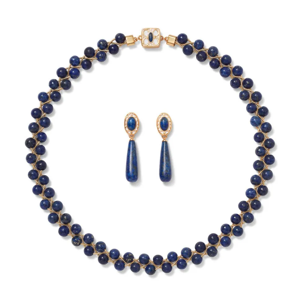 Spanish Baldric Lapis Braided Necklace and Elongated Drop Earrings Set