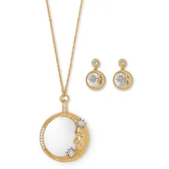 Spanish Day and Night Magnifier Pendant Necklace and Moon Drop Earrings Set