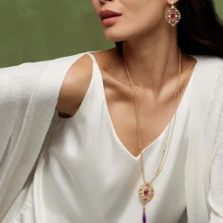 Turkish Amethyst Long Pendant Necklace and Statement Earrings Set