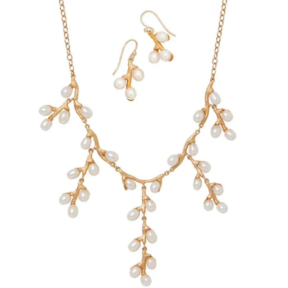 Willow Catkins Pearl Bib Necklace and Drop Earrings Set